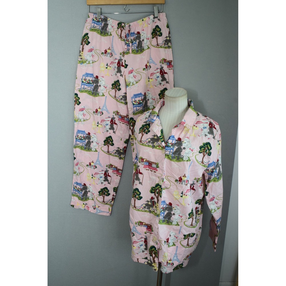 Nick & Nora Pajama Set Medium Pink Poodle Paris Cotton Sleepwear Eiffel Tower